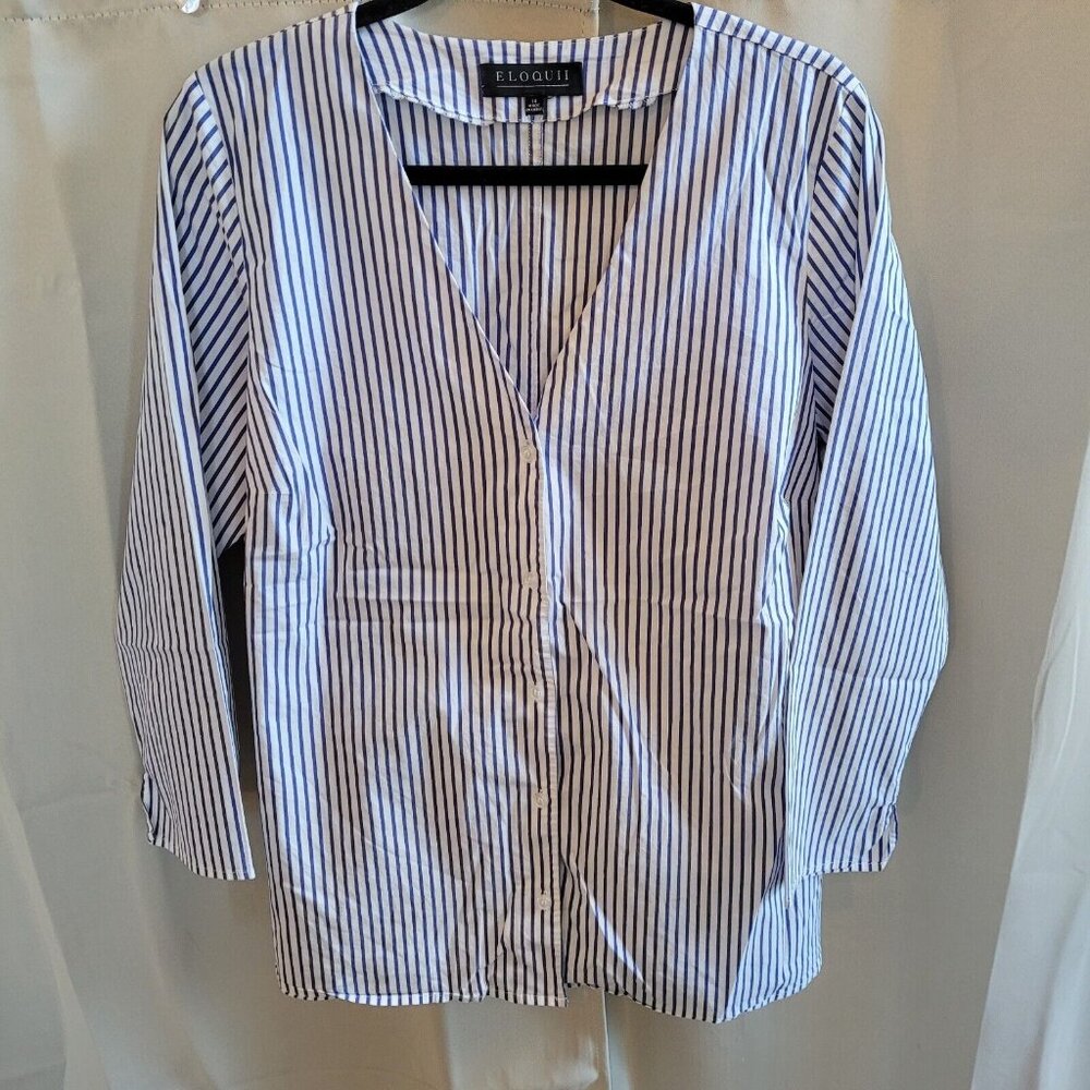 ELoquii Women Top Size 14 Blue White Pinstripe Tie Back Nautical Button Up 16451
